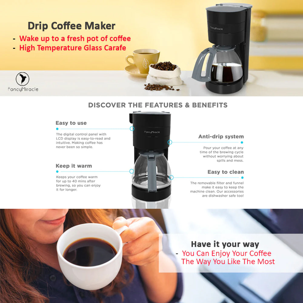 FancyMiracle CM1301B Drip Coffee Maker - 1.25L, 800W, Black/Grey, High-Temperature Glass Carafe