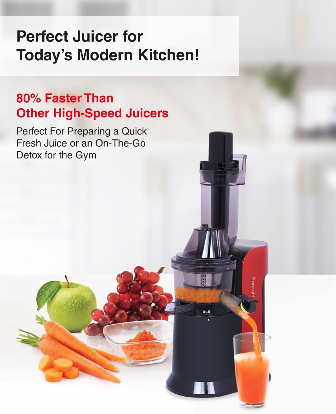 Fancy Miracle Slow Masticating Juicer Extractor Professional Machine with Quiet Motor/Reverse Function, Cold Press Juicer with Brush, for High Nutrient Fruit & Vegetable Juice Red