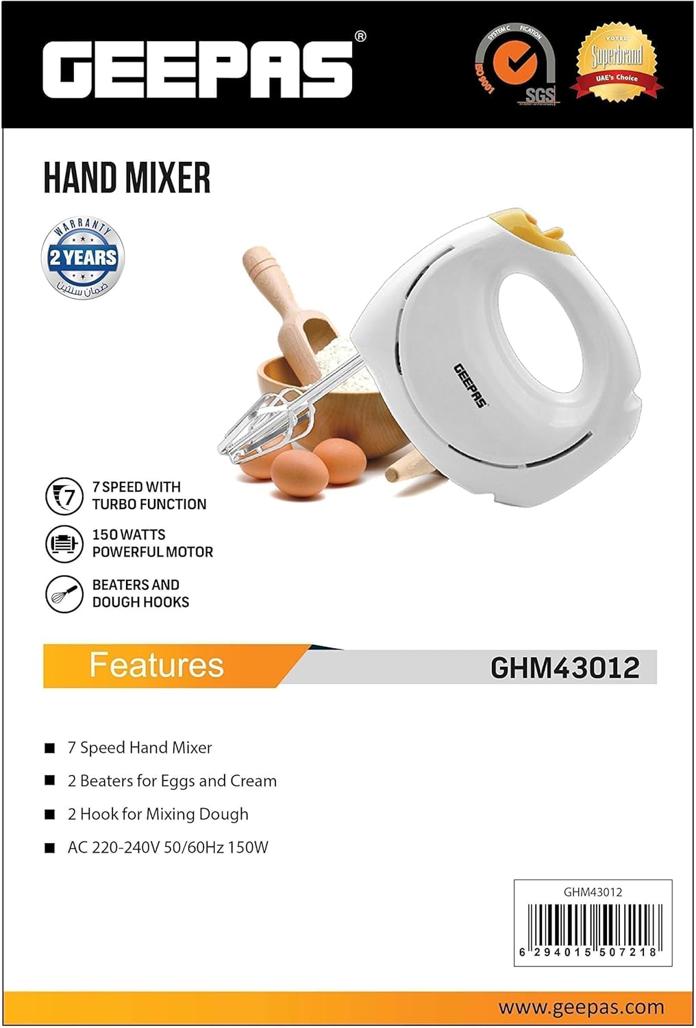 Geepas GHM43012 150W Hand Mixer - Professional Electric Handheld Mixer for Baking - 7 Speed Function, Includes Stainless Steel Beaters & Dough Hooks
