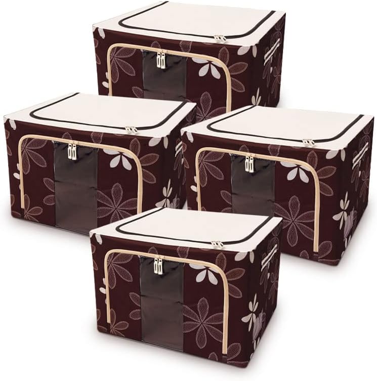 La casamio-4 PCS Organizer with Reinforced Handle Foldable Clothes Storage Bag Clear Window Thick Fabric for Comforters, Bedding, Blankets with 66L Large Capacity with Sturdy Zipper (Brown)