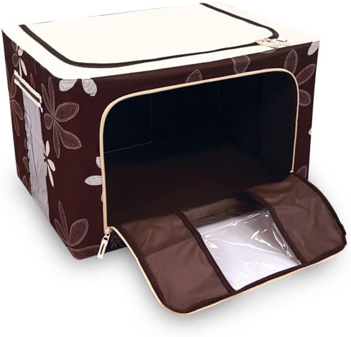 La casamio-4 PCS Organizer with Reinforced Handle Foldable Clothes Storage Bag Clear Window Thick Fabric for Comforters, Bedding, Blankets with 66L Large Capacity with Sturdy Zipper (Brown)