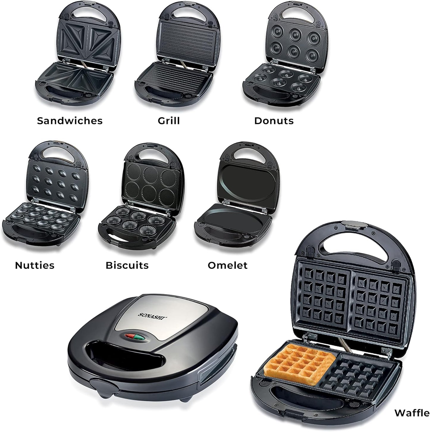 Sonashi 7-in-1 Multi Snack Maker SSM-862 - Detachable Sandwich, Grill, Donut, Waffle, Cupcake, Nutty, Omelet Making Plates
