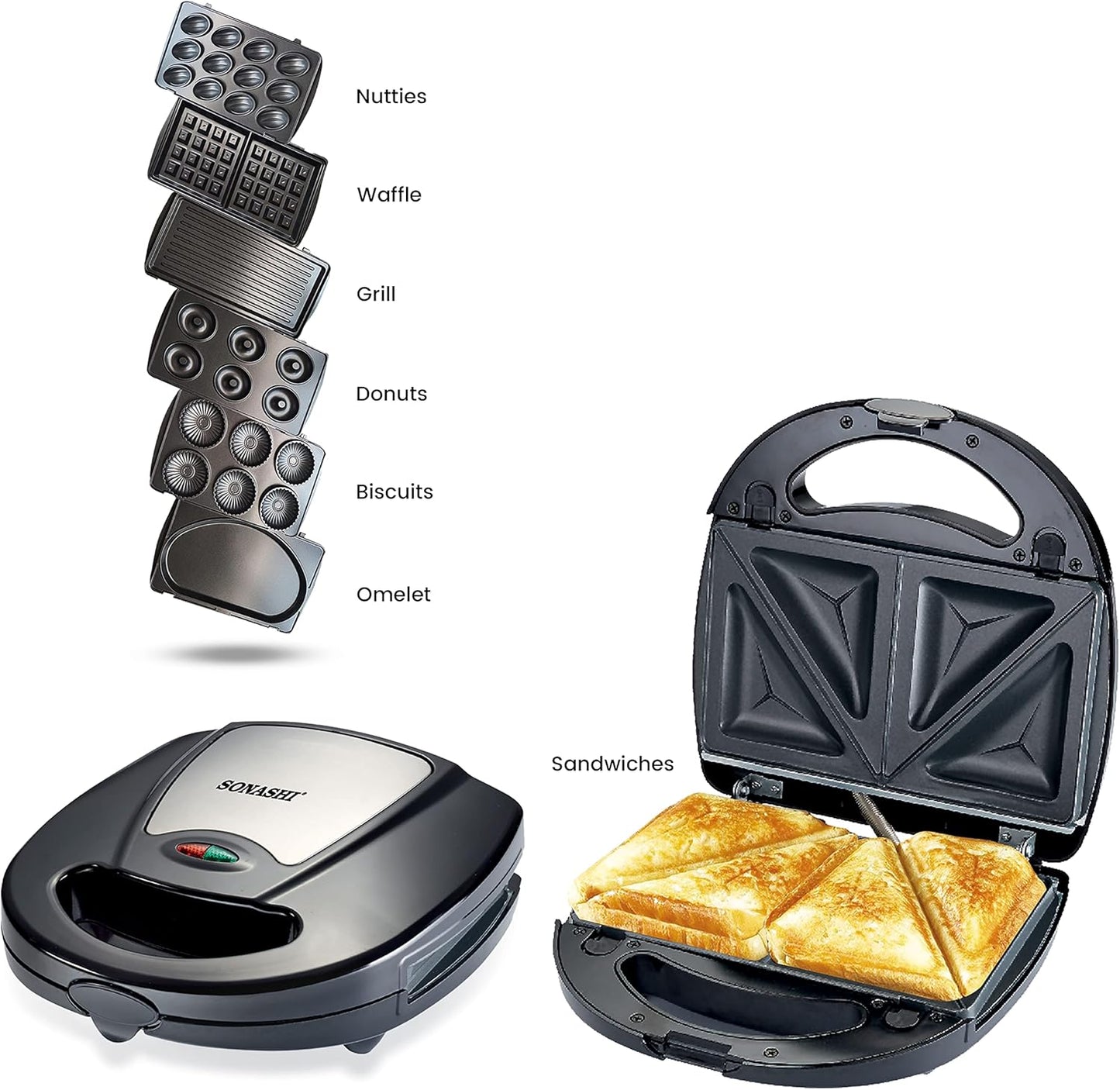 Sonashi 7-in-1 Multi Snack Maker SSM-862 - Detachable Sandwich, Grill, Donut, Waffle, Cupcake, Nutty, Omelet Making Plates
