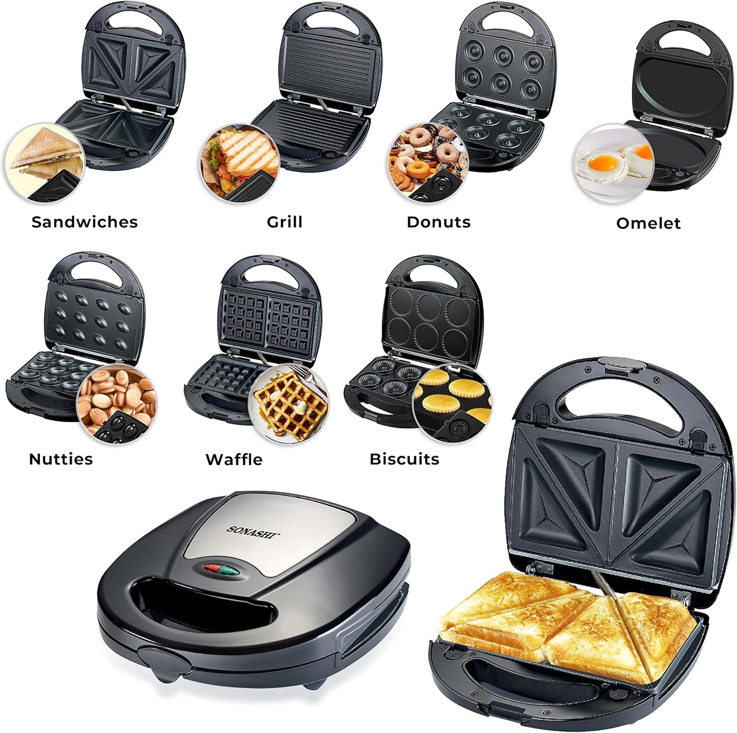 Sonashi 7-in-1 Multi Snack Maker SSM-862 - Detachable Sandwich, Grill, Donut, Waffle, Cupcake, Nutty, Omelet Making Plates