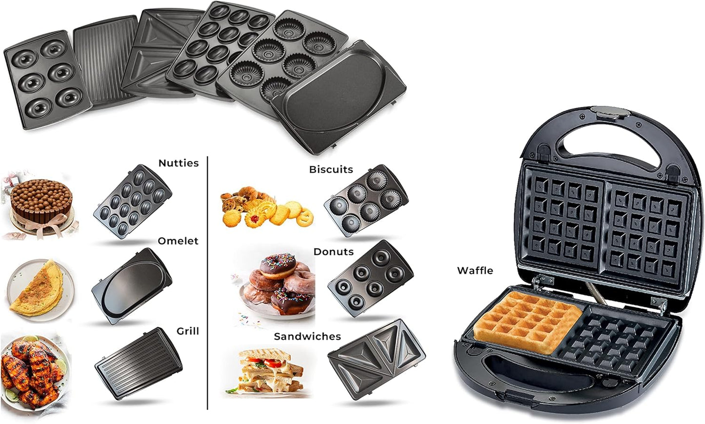 Sonashi 7-in-1 Multi Snack Maker SSM-862 - Detachable Sandwich, Grill, Donut, Waffle, Cupcake, Nutty, Omelet Making Plates