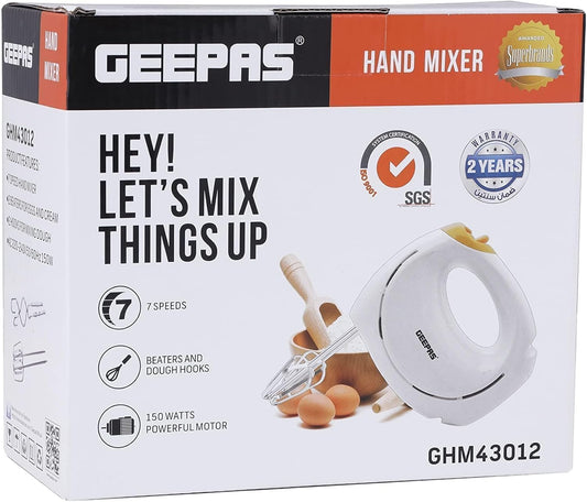 Geepas GHM43012 150W Hand Mixer - Professional Electric Handheld Mixer for Baking - 7 Speed Function, Includes Stainless Steel Beaters & Dough Hooks