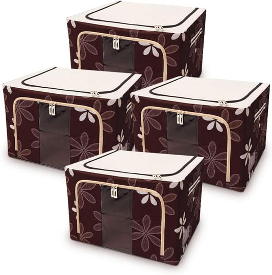 La casamio-4 PCS Organizer with Reinforced Handle Foldable Clothes Storage Bag Clear Window Thick Fabric for Comforters, Bedding, Blankets with 66L Large Capacity with Sturdy Zipper (Brown)