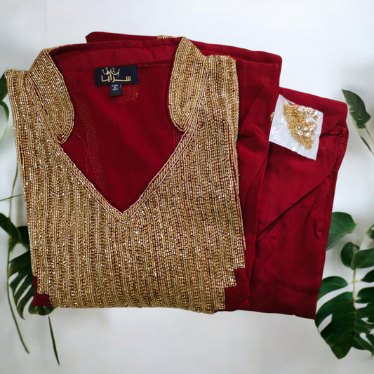 Saraya | Al Amira Crystals Maroon Jalabiya & Gift