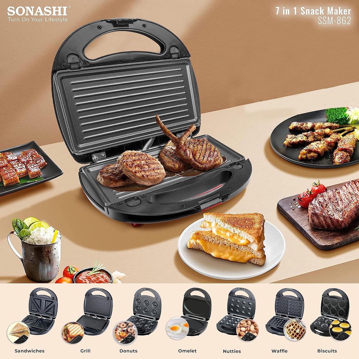 Sonashi 7-in-1 Multi Snack Maker SSM-862 - Detachable Sandwich, Grill, Donut, Waffle, Cupcake, Nutty, Omelet Making Plates